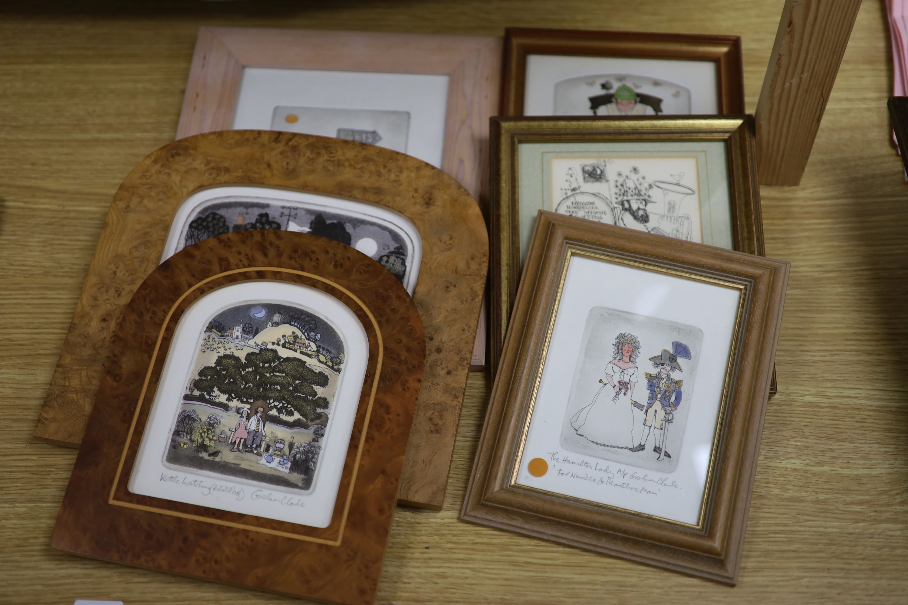Graham Clarke, six assorted limited edition / artist's proof prints, Kettle Watching, Cat Fish, First Stop, The Hamilton Lady, One Man Band and Skip
